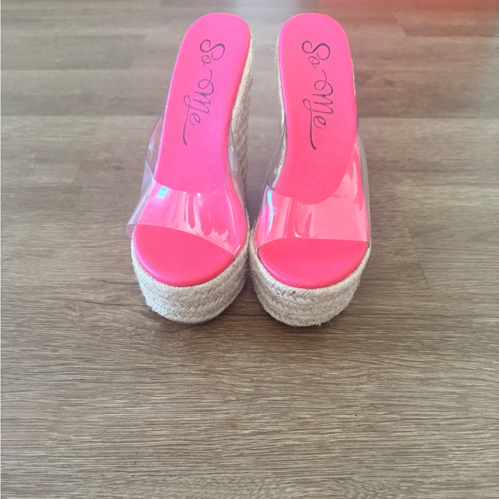 So Me Pink Clear Platform Espadrille Wedges